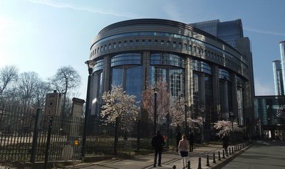 EU-Parlament in Brüssel mit blühenden Bäumen